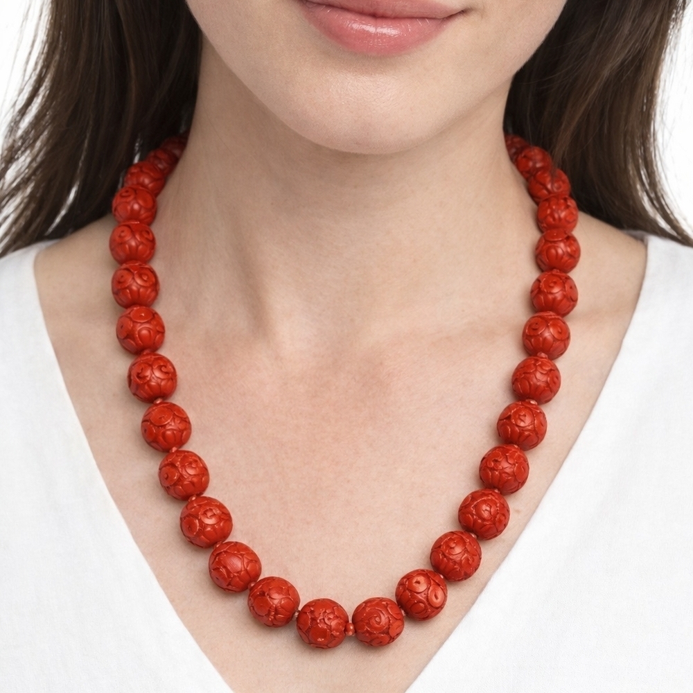 Red Cinnabar Style Carved Floral Bead Statement Necklace